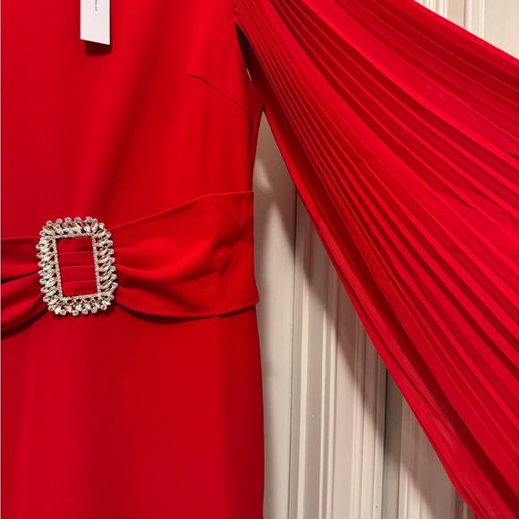 Red Sheath Dress with Bishop Sleeves and Embellished Buckle - Picture 5 of 16